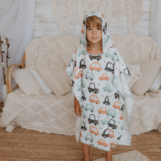 A muslin car print poncho